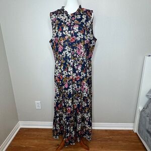 SAINT + SOFIA Maxi Sleeveless‎ Dress Sz US 18 Navy Floral 1/4 Zip Cottage Core